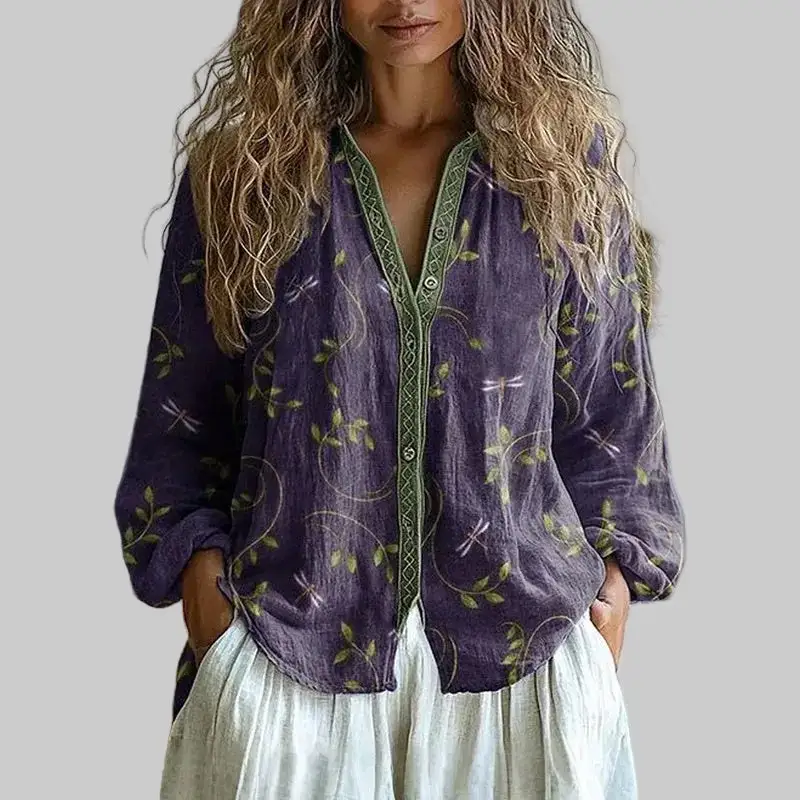 Denim Linen Blend Soft Tailored Blouse