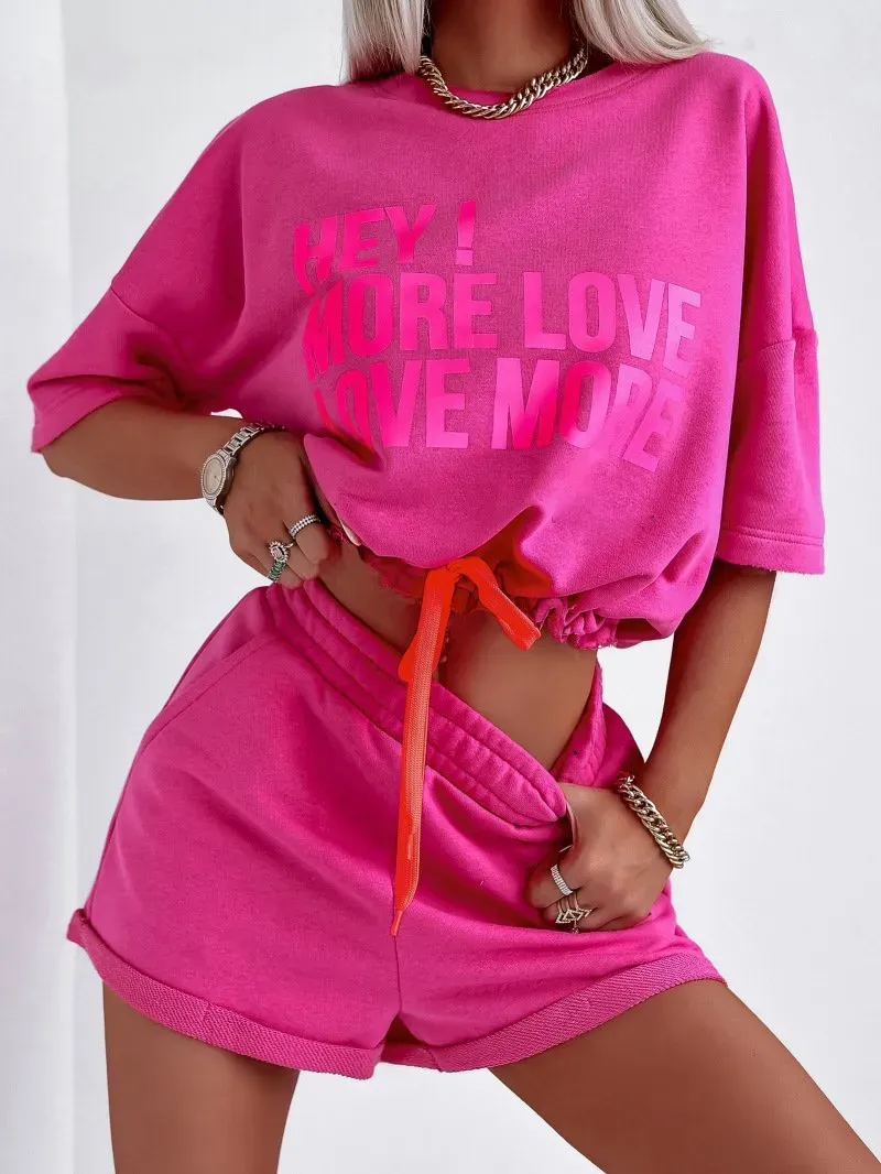 Women's Casual Letter Print Round Neck Short Sleeve Tee and Short Pants two-piece set