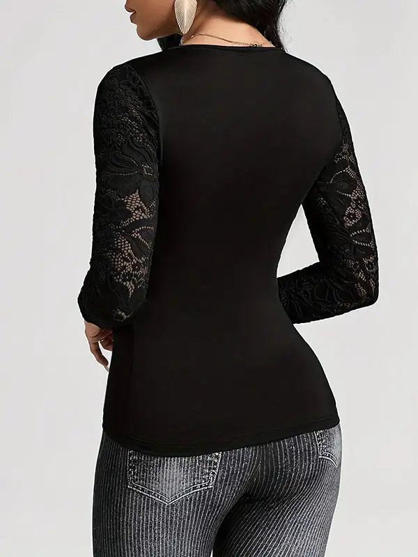 Long Sleeve Slim Fit Pleat Detail Panel Detail Deep V-Neck T-Shirt