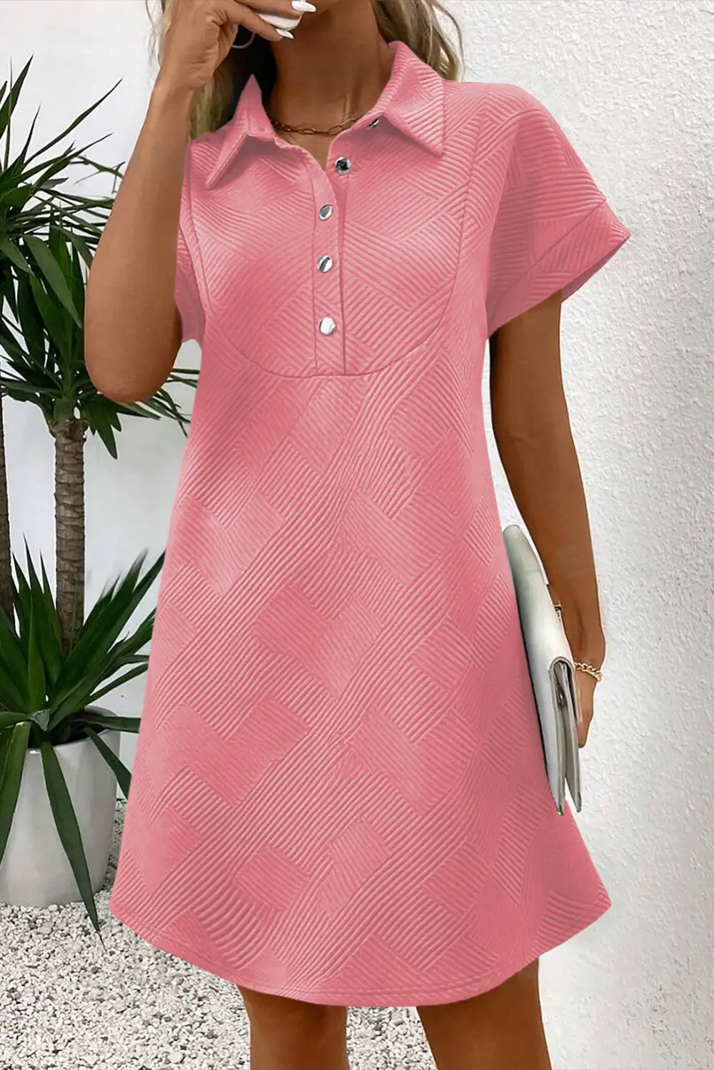 Solid Textured Short Sleeve A-Line Mini Dress