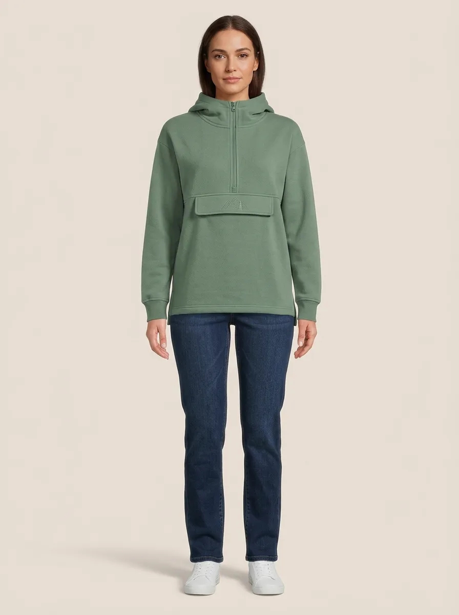 Women's Mountain-Embroidered Half-Zip Side-Slit Hoodie