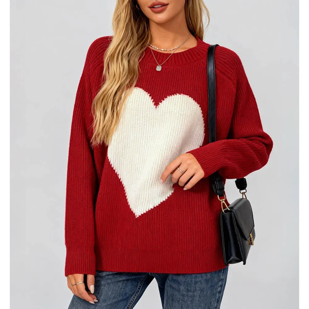 Valentine Heart Color Block Round Neck Sweater
