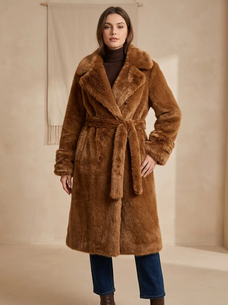 Warm Faux Fur Belted Coat
