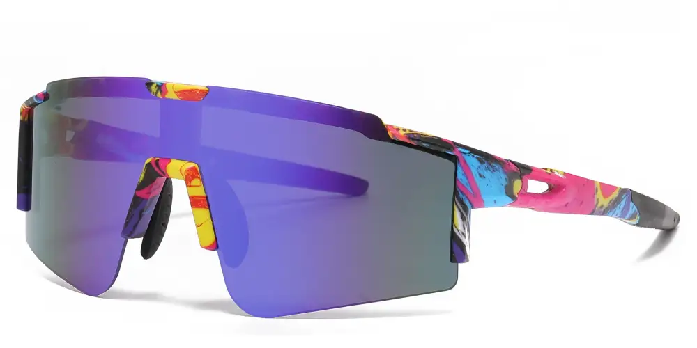 Semi Rimless Sports Shield Plastic Sunglasses With Color Mirror Lens
