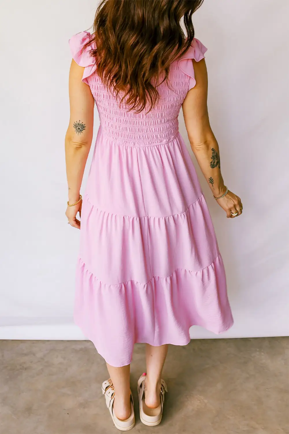 Flutter Sleeve Smocked Tiered Midi Dress
