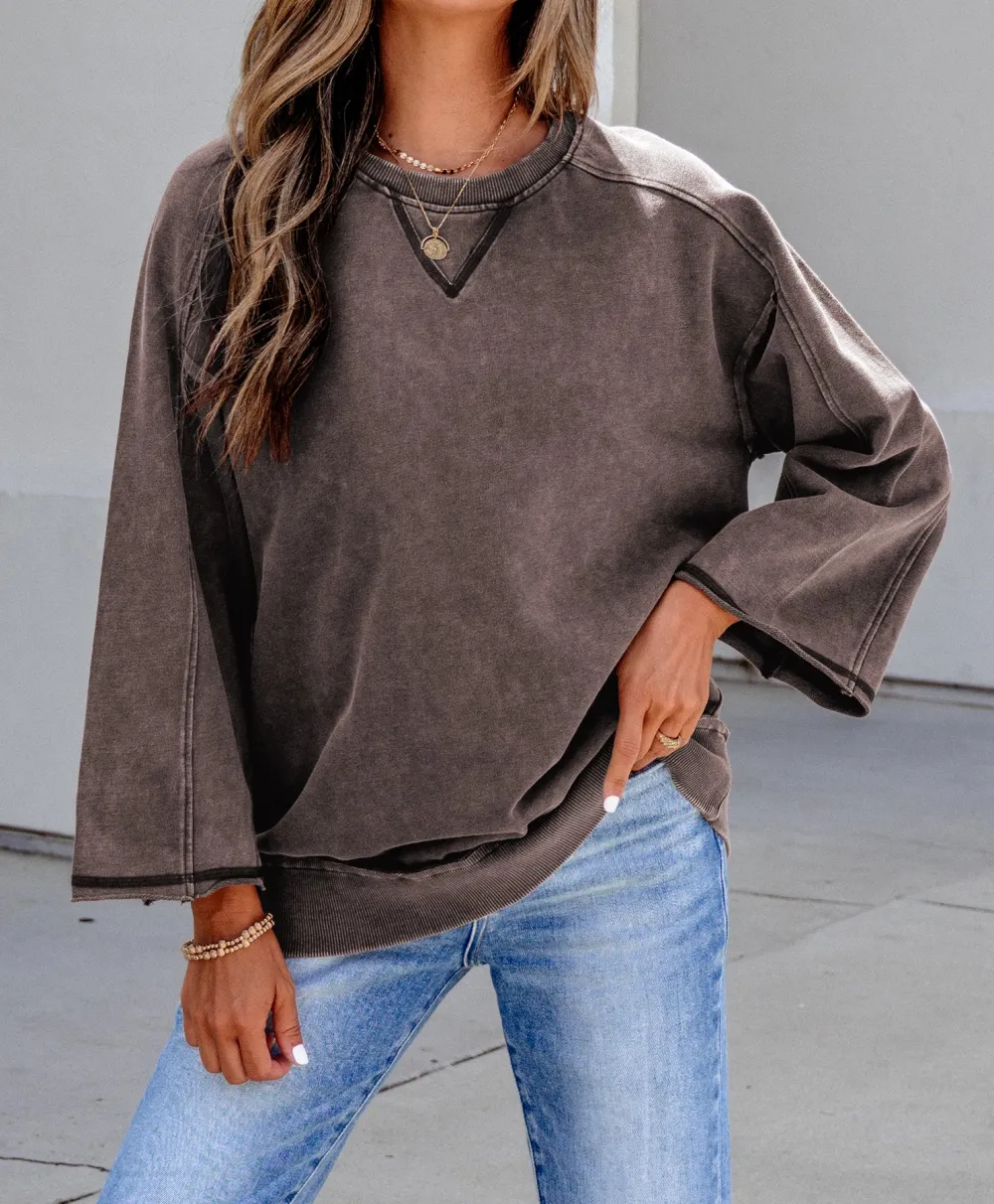 Solid Ribbed Loose Fit Cotton Blend Three Quarter Sleeve Top