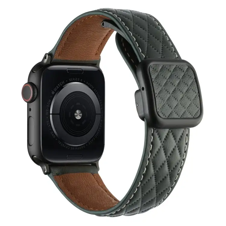 Rhombus Pattern Magnetic Square Buckle Leather Watch Band for Watch SE 44 mm - Dark Green