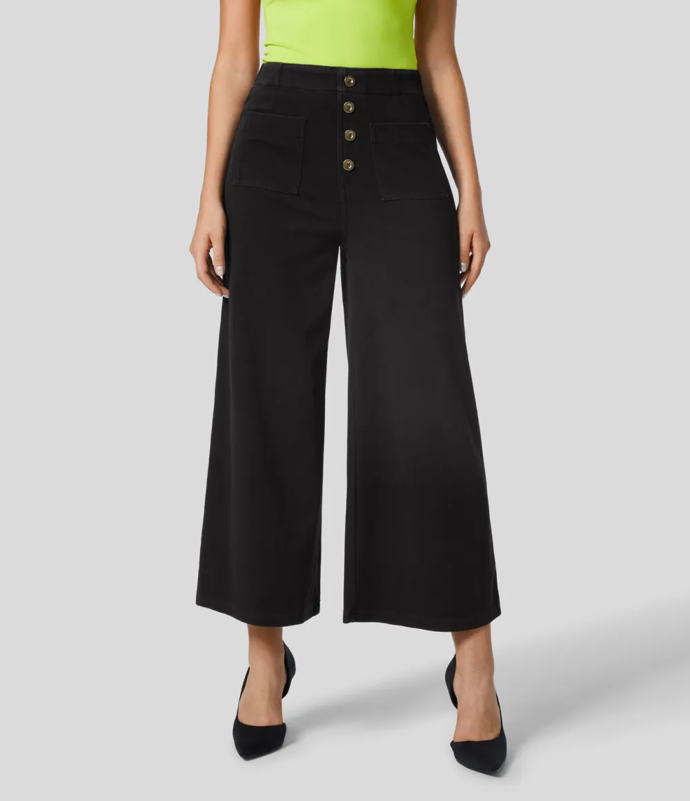 Magic High Waisted Button Pockets Washed Stretchy Knit Casual Wide Leg Jeans