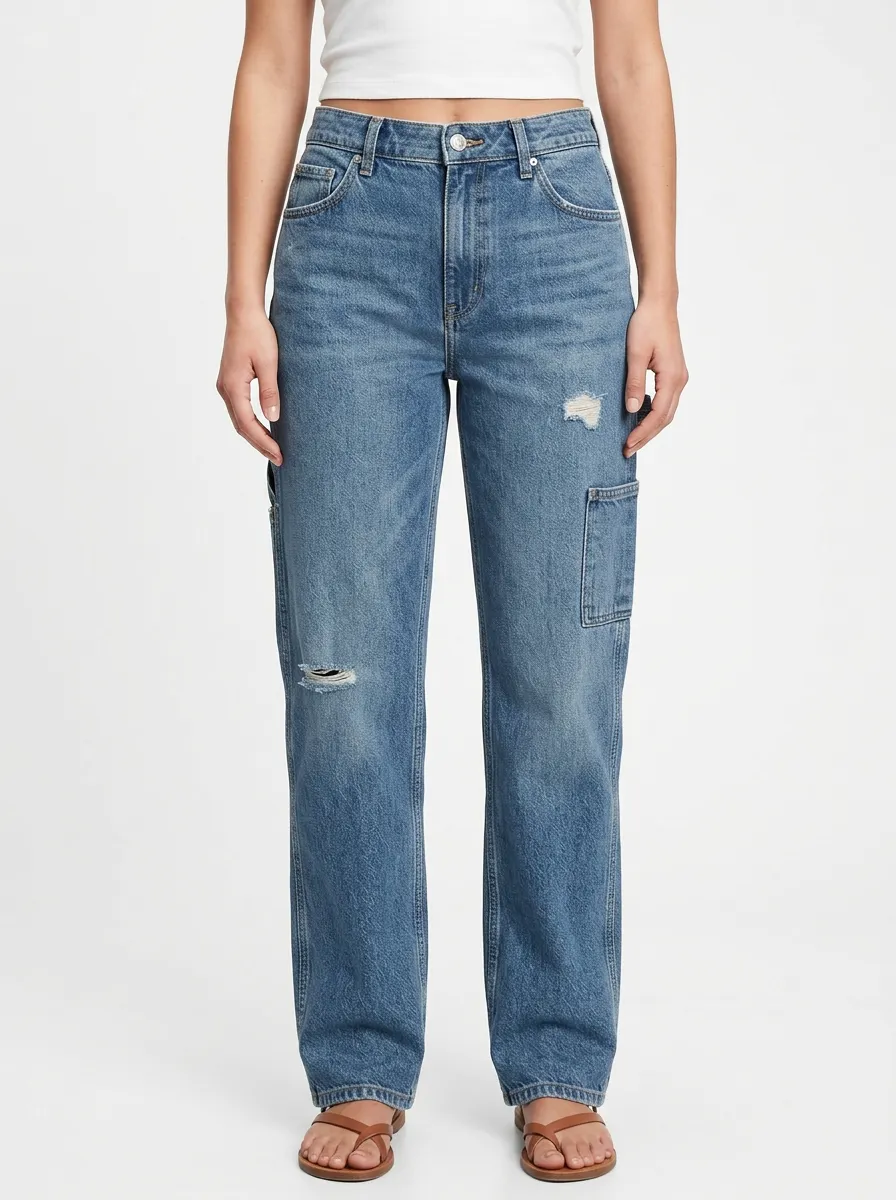 Women's Utility-Pocket Thigh-and-Knee Distressed Mid-Rise Straight-Leg Jeans