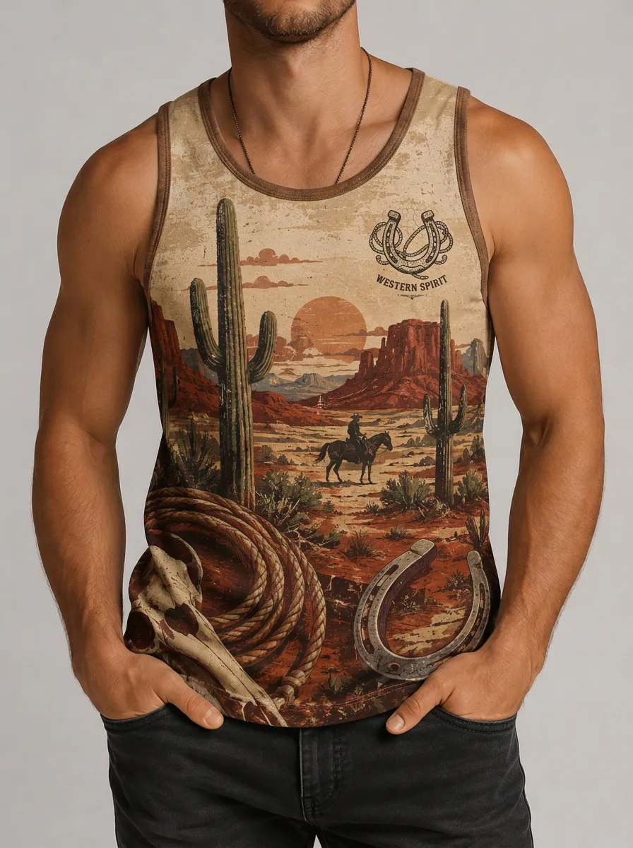 Men's Western Cowboy Spirit Desert Cactus Printed Tank Top