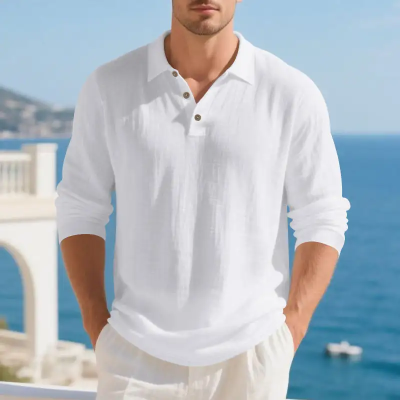 Streamlined Button Placket Long Sleeve Polo Shirt