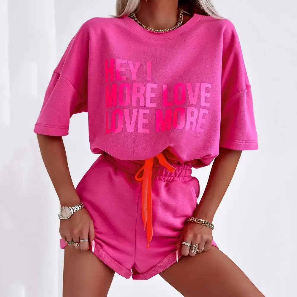 Women's Casual Letter Print Round Neck Short Sleeve Tee and Short Pants two-piece set