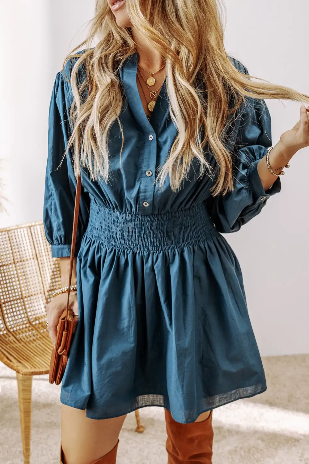 Sleeve Shirred High Waist Buttoned Mini Dress