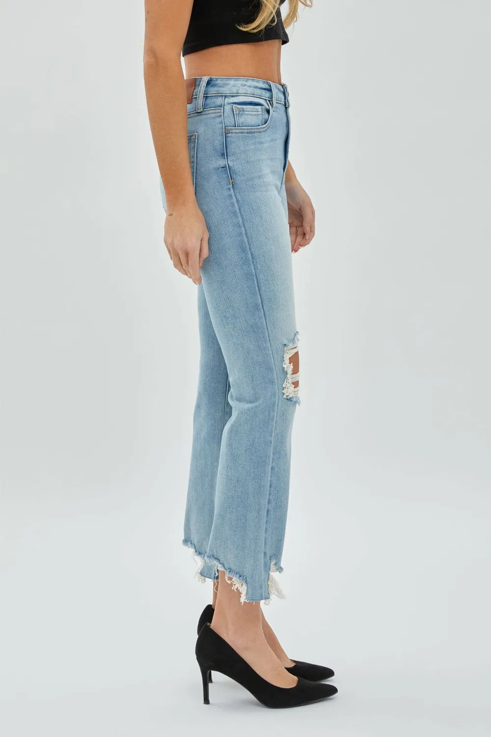 Sequin Flared Cropped Distressed Jeans