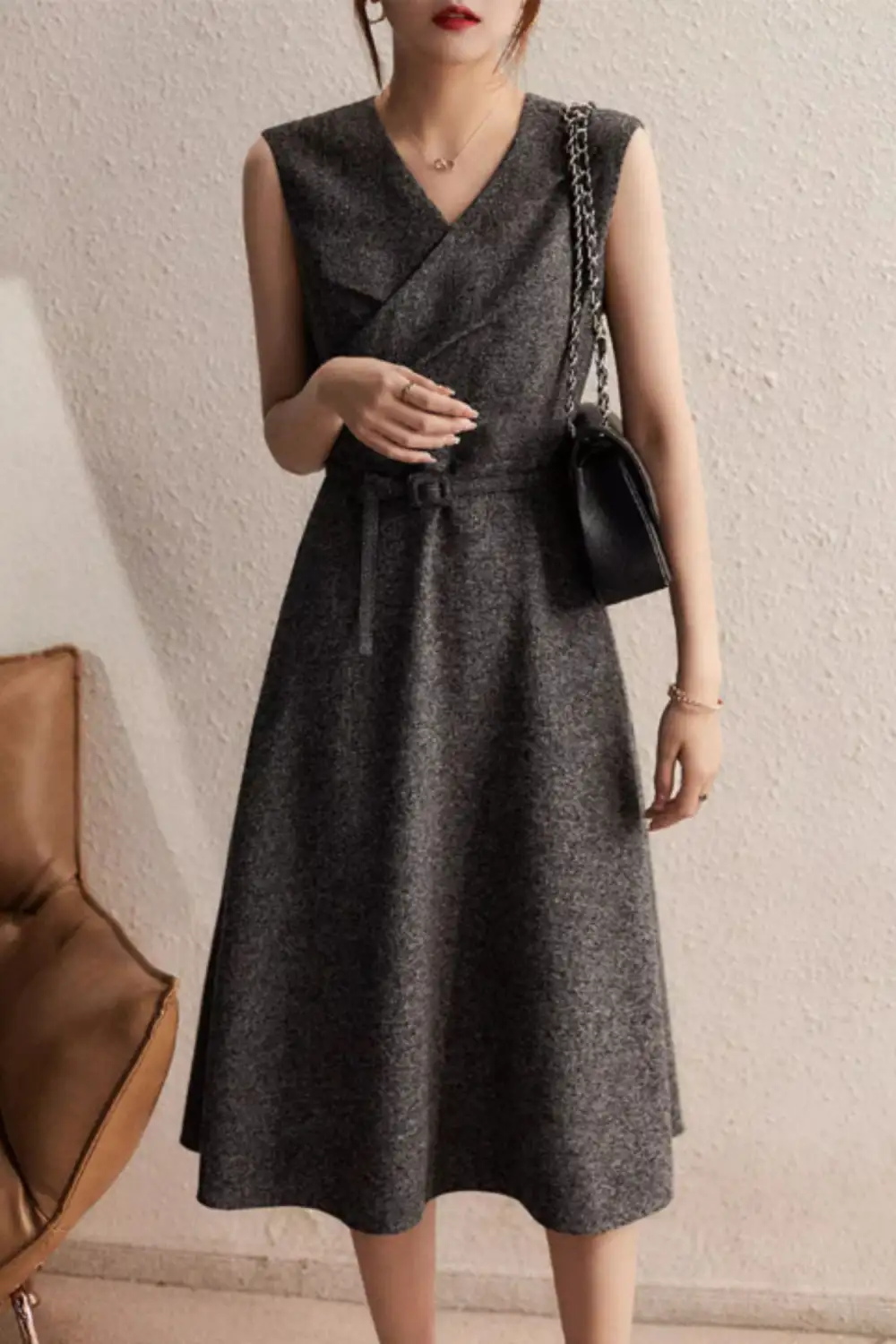 Wool Blend Sleeveless Midi Dress