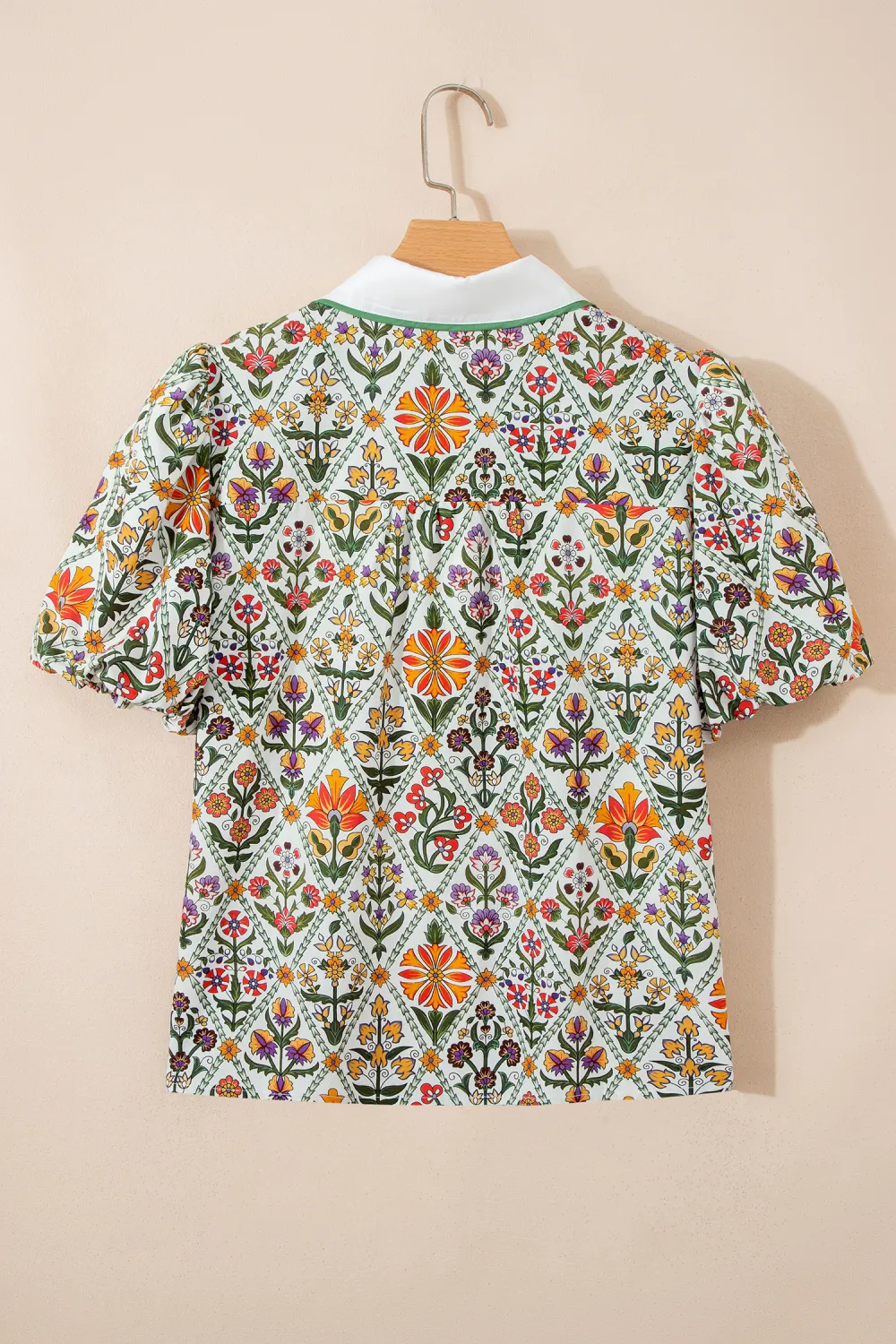 Green Short Bubble Sleeve Floral Shirt
