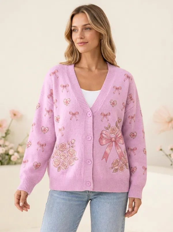 Women's Delicate Floral Heart Ribbon Bow Printed Cardigan