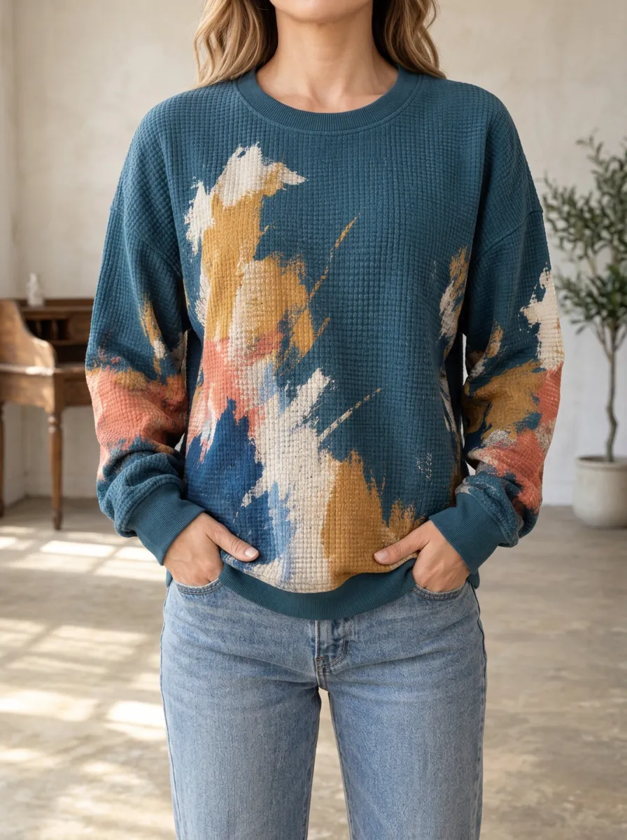 Women's Abstract Paint Splash Printed Waffle Knit Sweatshirt