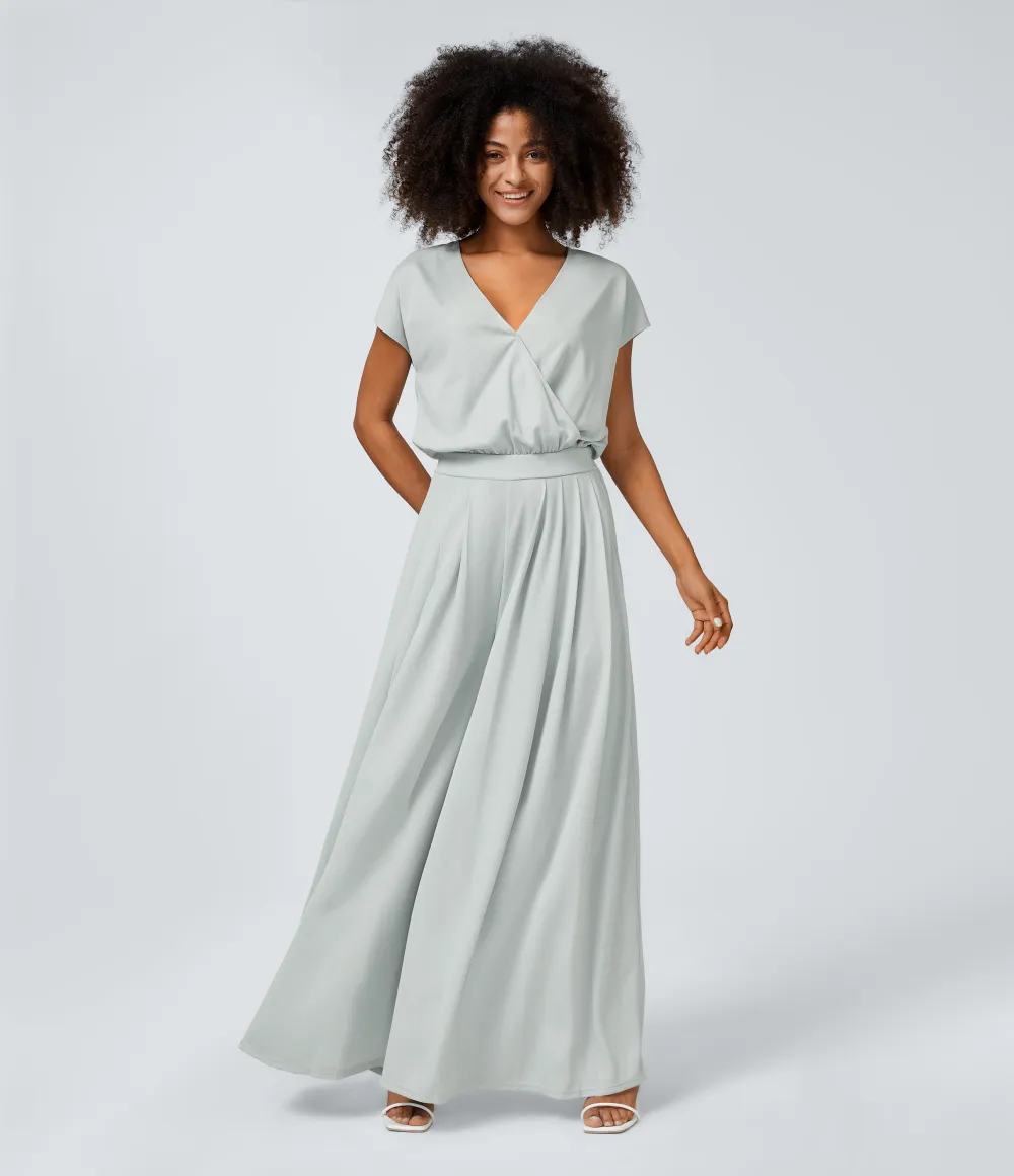 V Neck Short Sleeve Side Pocket Wide Leg Flowy Waffle Casual Jumpsuit