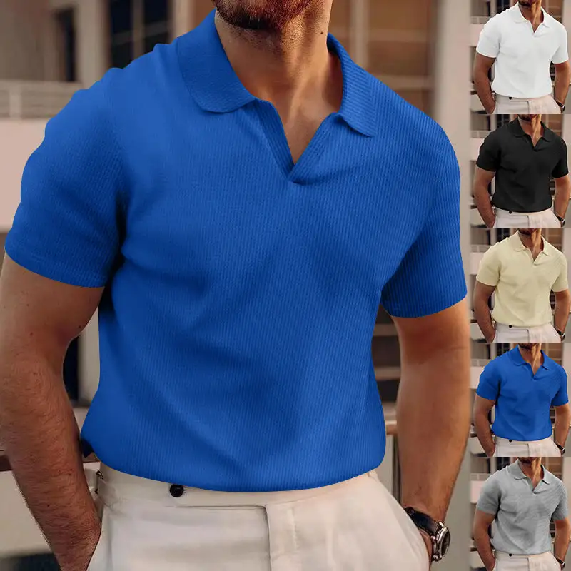 Waffle Texture Open V Neck Short Sleeve Jersey Polo Shirt