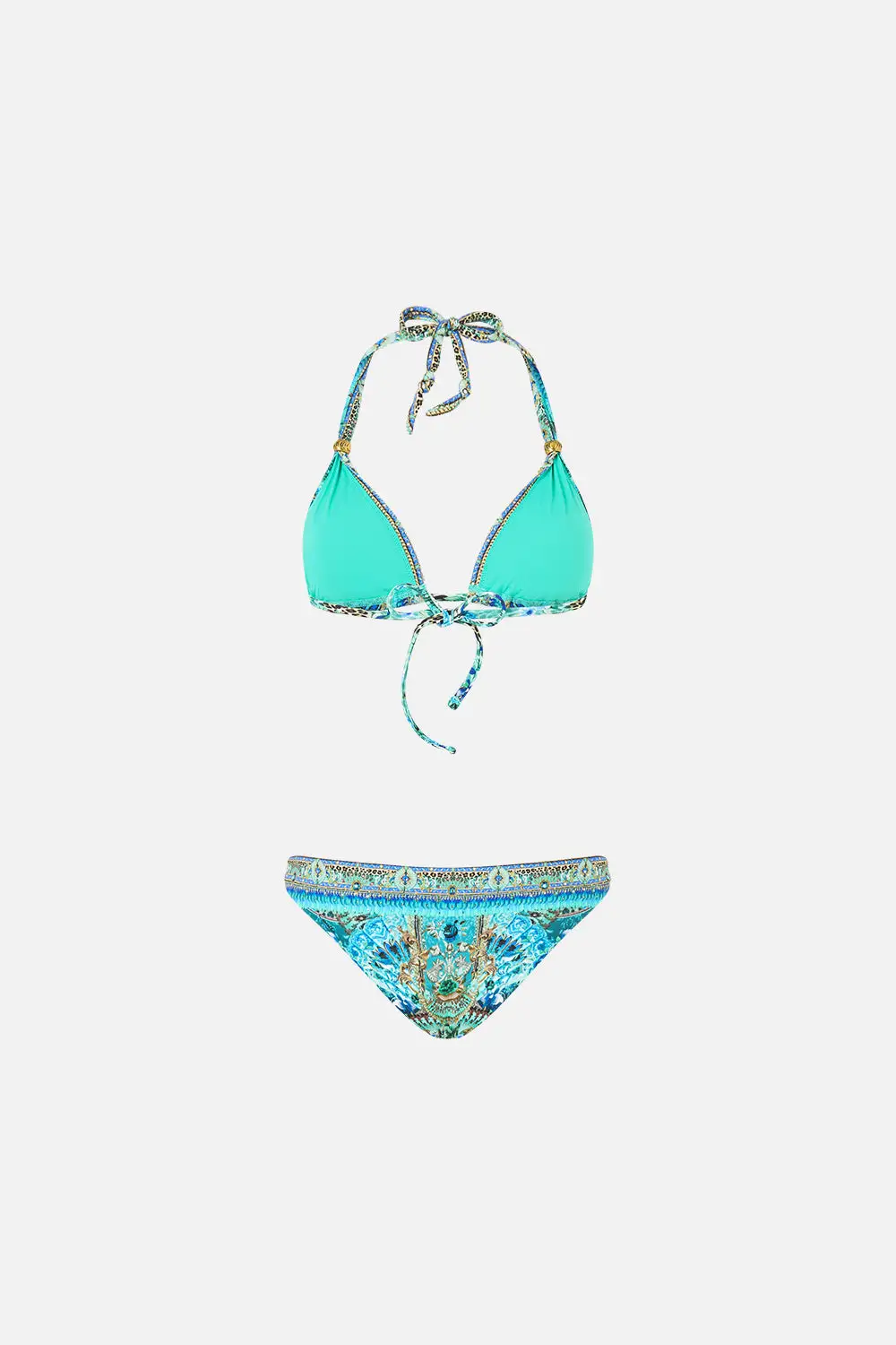 Ball Trim Tri Bikini Set with Thick Neck Tie