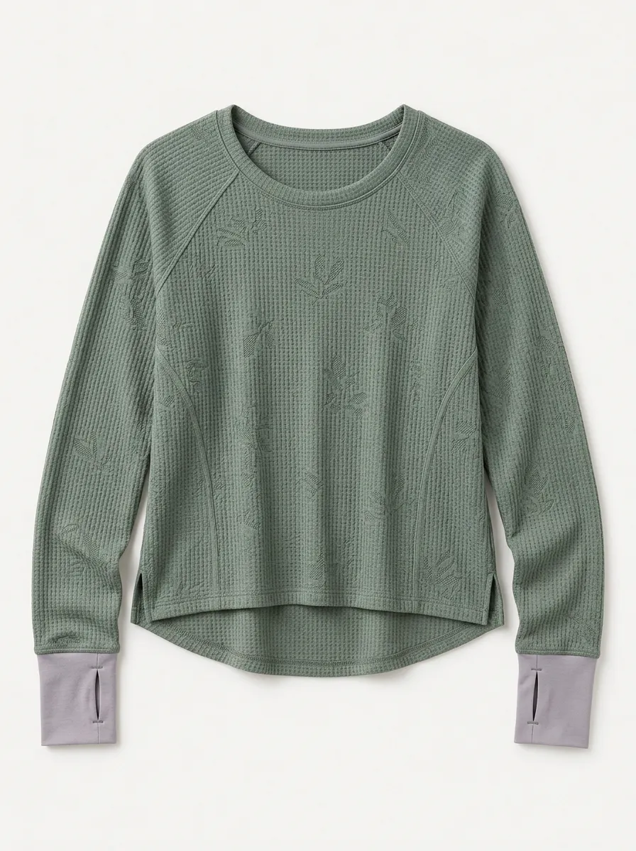 Women's Nature Lover Leaf Pattern Waffle Knit Printed Top