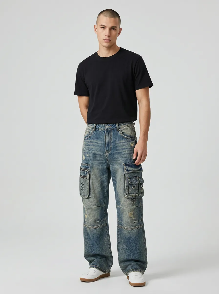 Men's Streetwear Distressed Denim Multi-Pocket Cargo Jeans