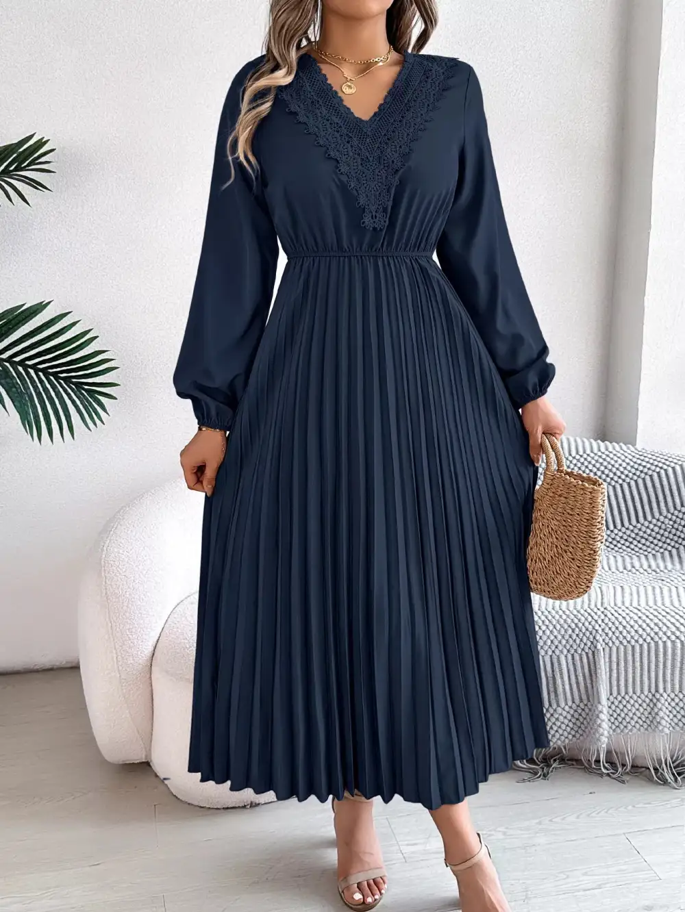 Lace V Neck Pleated Dress Casual
