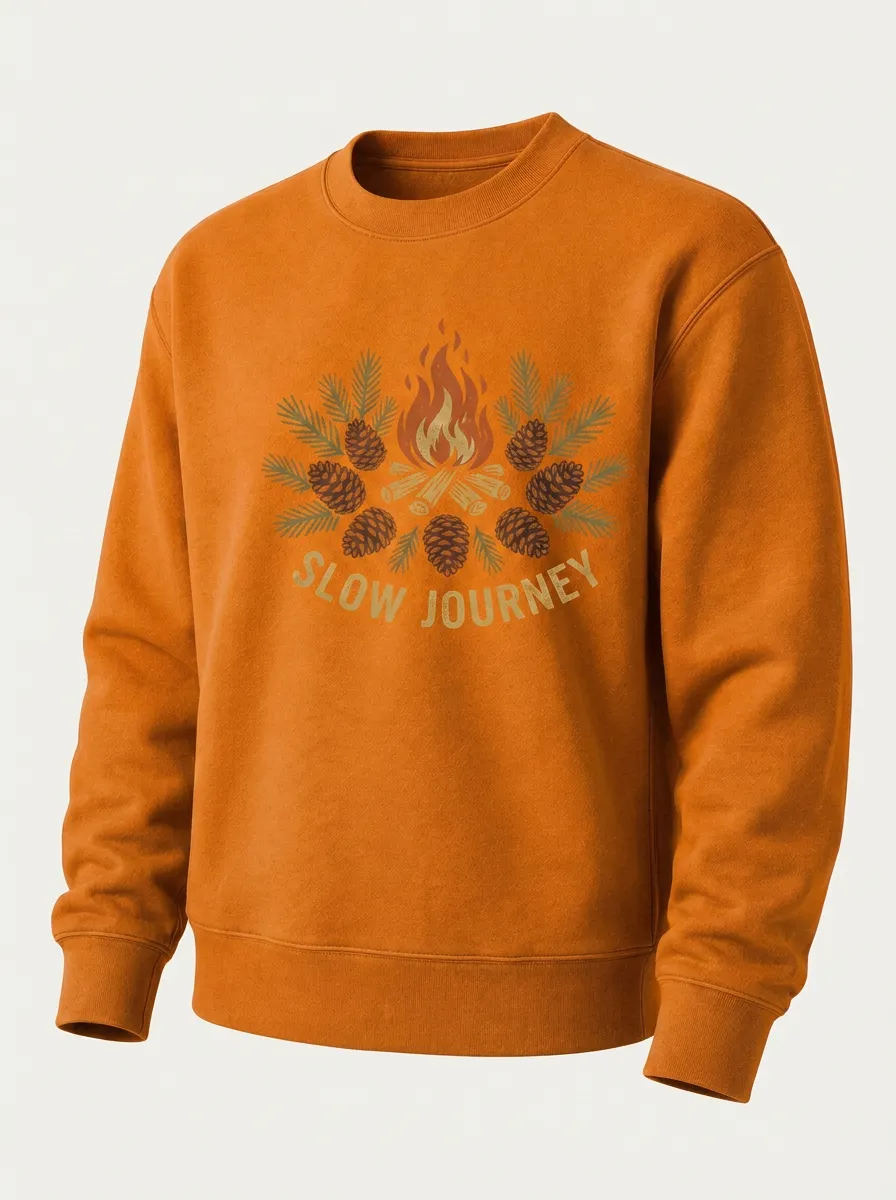 Unisex Camping Lover Slow Journey Campfire Pinecone Printed Sweatshirt