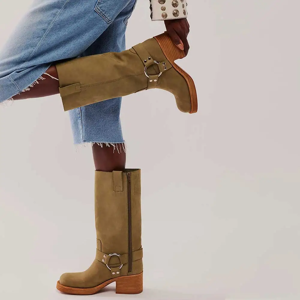 Faux-Leather Studded Buckle-Detail Side-Zip Mid-Calf Boots
