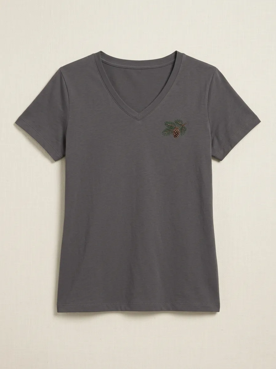 Women's Pinecone Branch Embroidered V-Neck T-Shirt