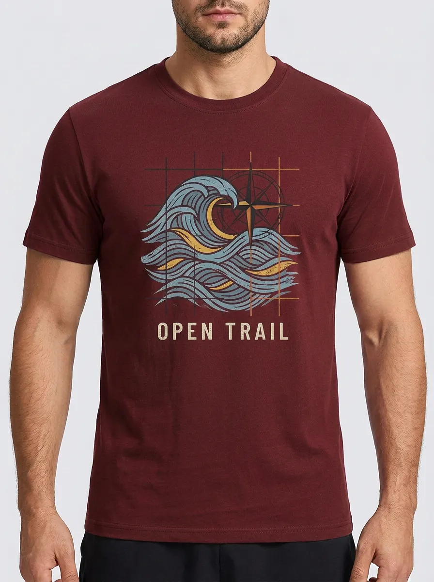 Men's Outdoor Adventure Open Trail Compass Wave Printed T-shirt
