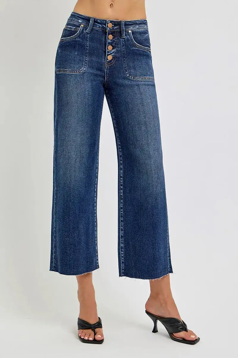 Easy High Waist Wide Leg Button Denim Jeans