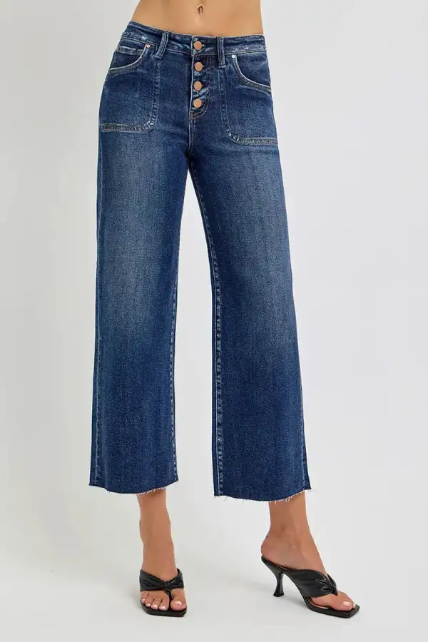Easy High Waist Wide Leg Button Denim Jeans