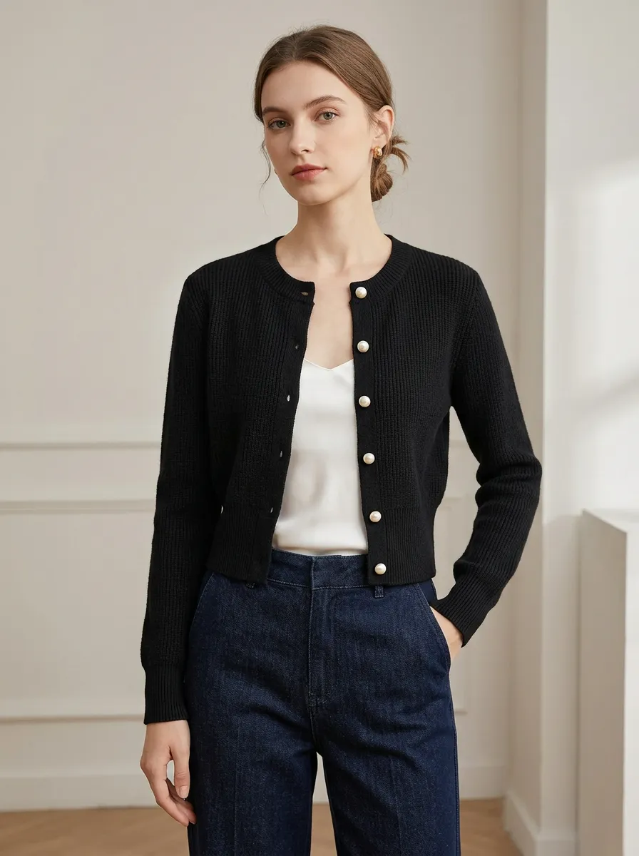 Women's Elegant Pearl Button Ribbed Knit Cardigan