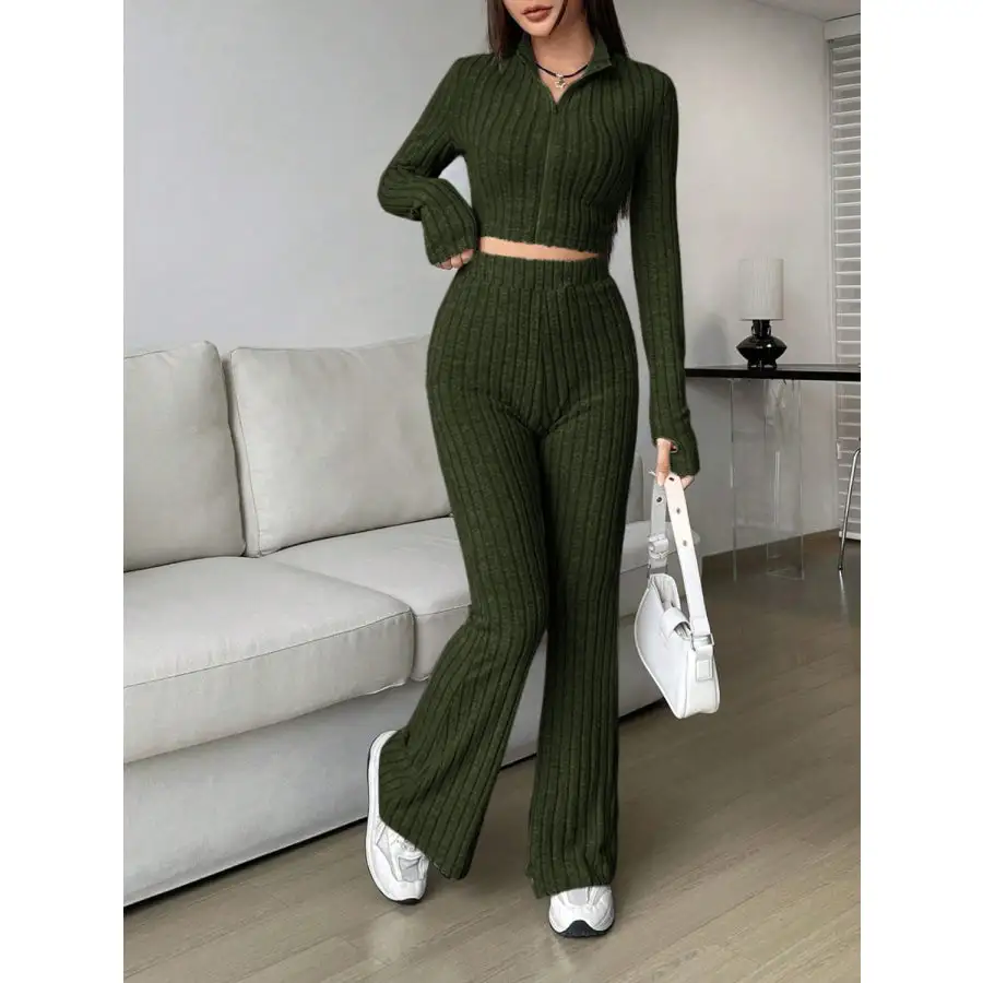 Relaxed Zip Up Long Sleeve Top and Pants Set