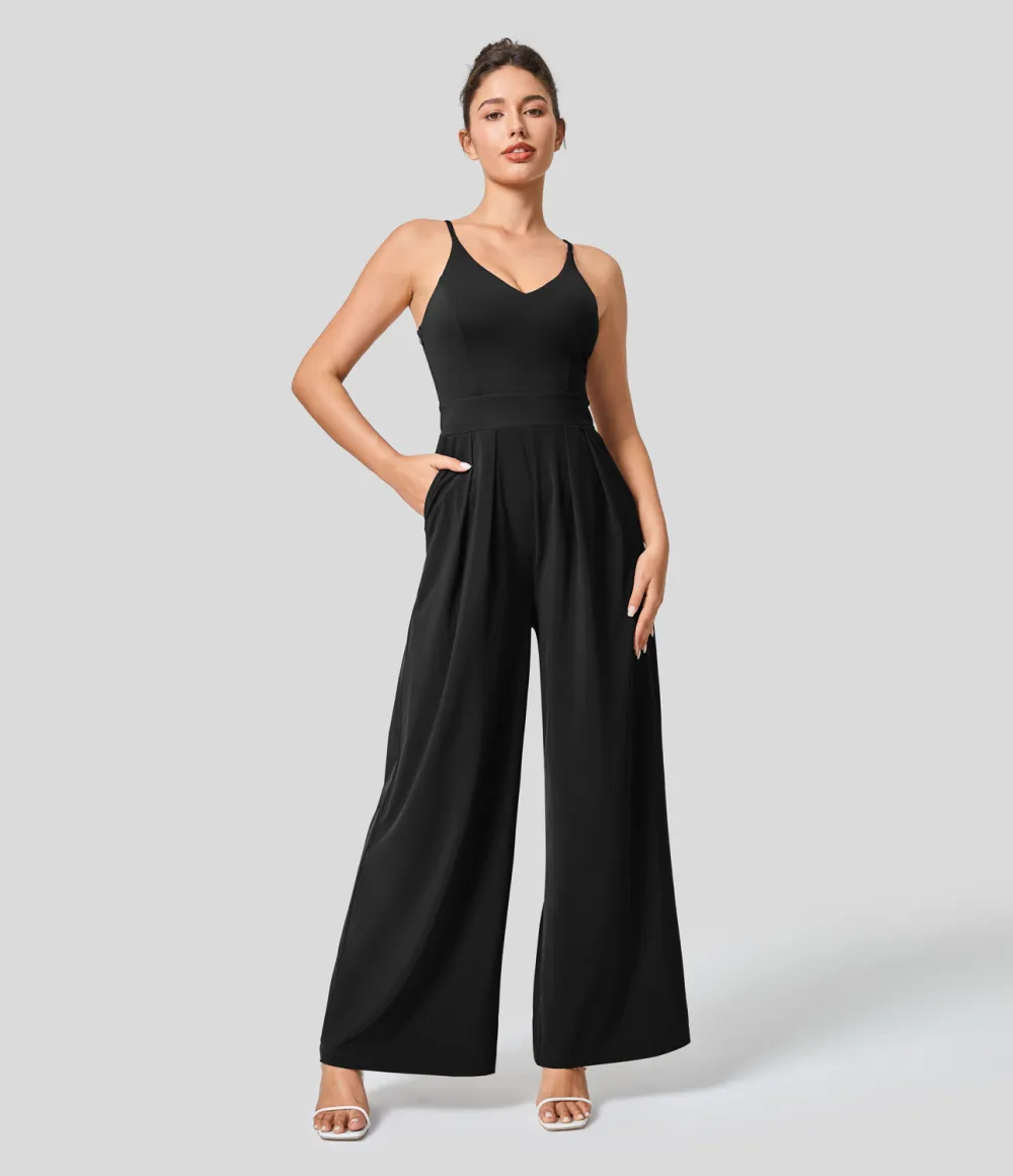 Breezeful Backless Side Invisible Zipper Pocket Wide Leg Quick Dry Resort Slip Jumpsuit