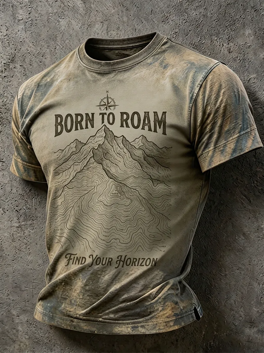 Men's Outdoor Adventure Born To Roam Mountain Topographic Printed T-shirt