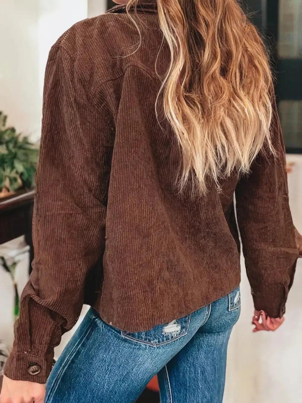 Floral Embroidered Collar Button Front Corduroy Jacket