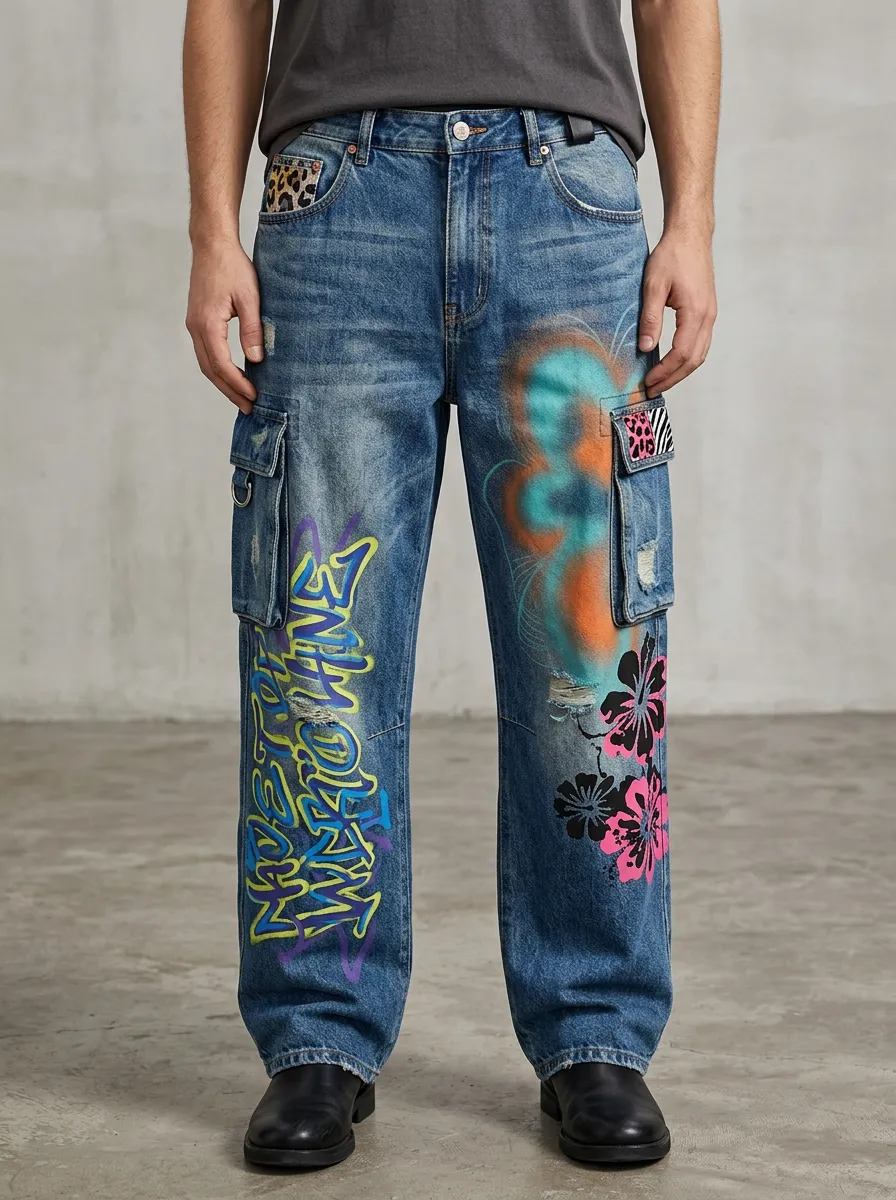 Men's Streetwear Graffiti Floral Graphic Cargo Jeans
