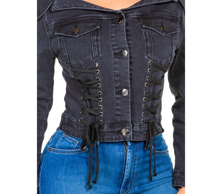 Off-Shoulder Lace-Up Denim Jacket