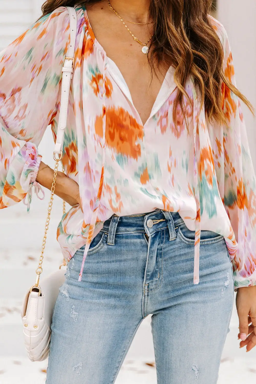 Abstract Print Puff Sleeve Split Neck Blouse