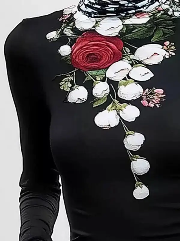 Long Sleeve Slim Fit Floral Print Panel Detail High Neck T-Shirt