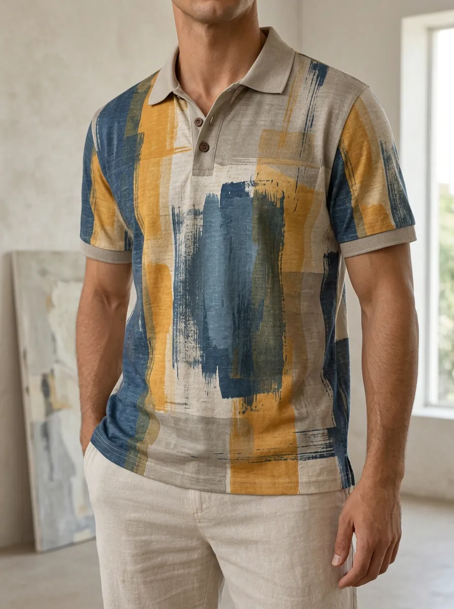 Men's Abstract Brushstroke Pattern Printed Polo Shirt Modern Casual Style