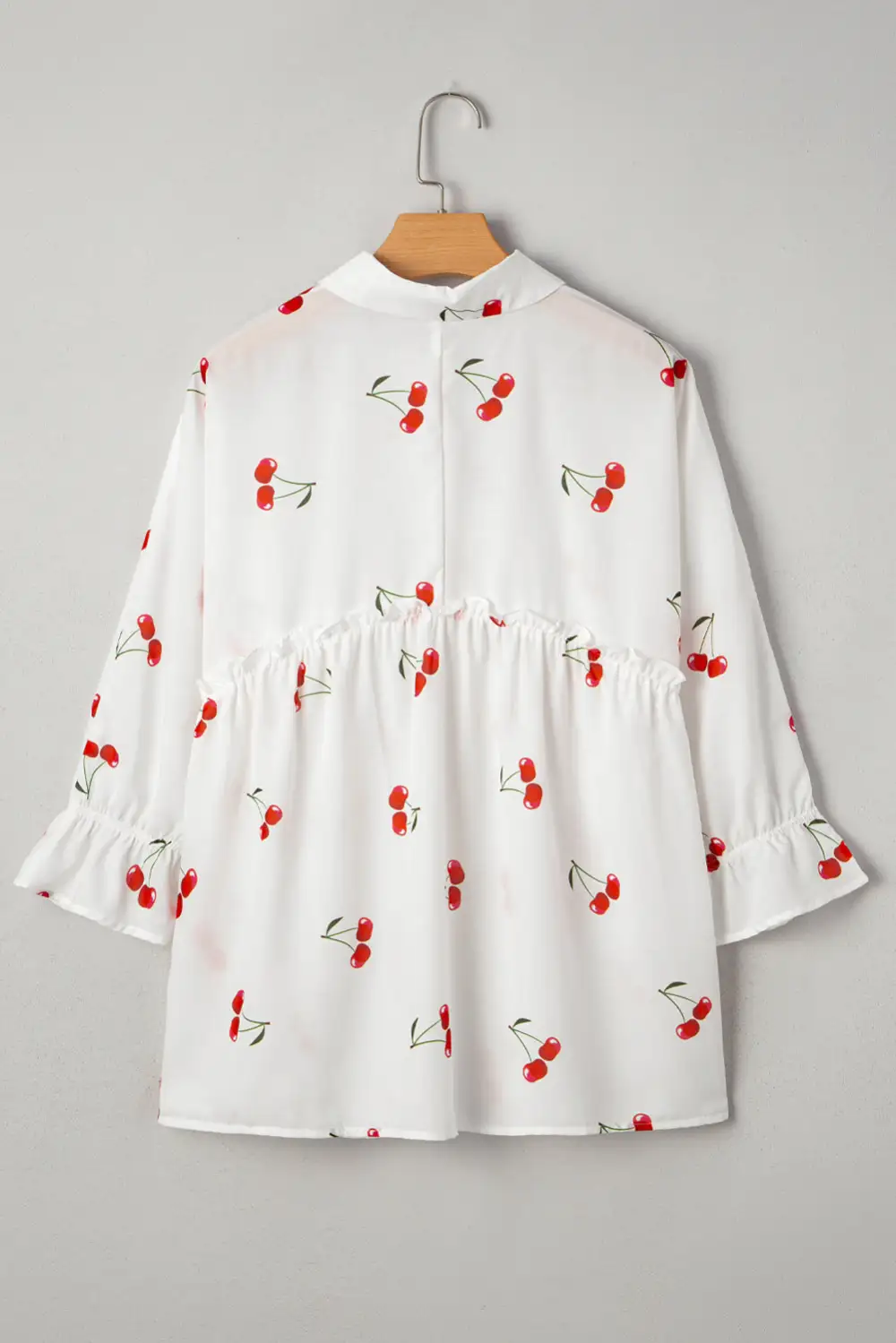 White Cherry Print Flounce Sleeve Collared Frilled Babydoll Blouse