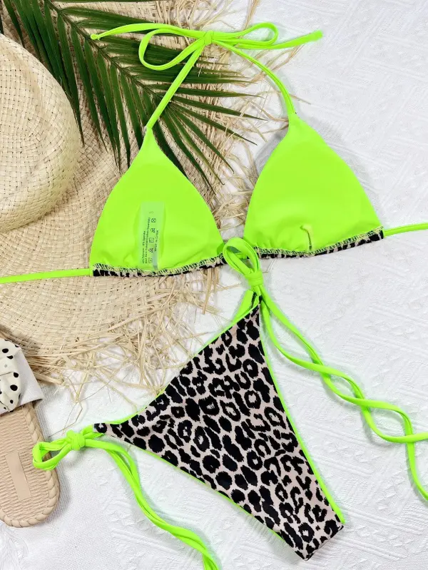 Leopard Print Halter Neck Tie Bikini Swim Set