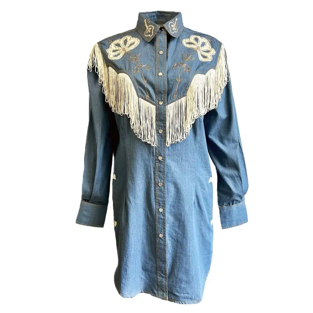Embroidered Fringe Detail Denim Casual Dress