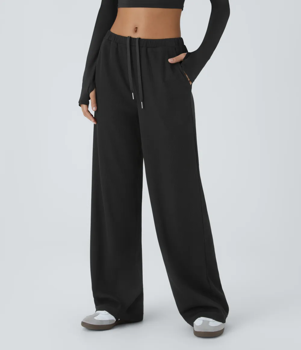 Ribbed Mid Low Rise Inside Drawstring Multiple Pockets Wide Leg Casual Pants
