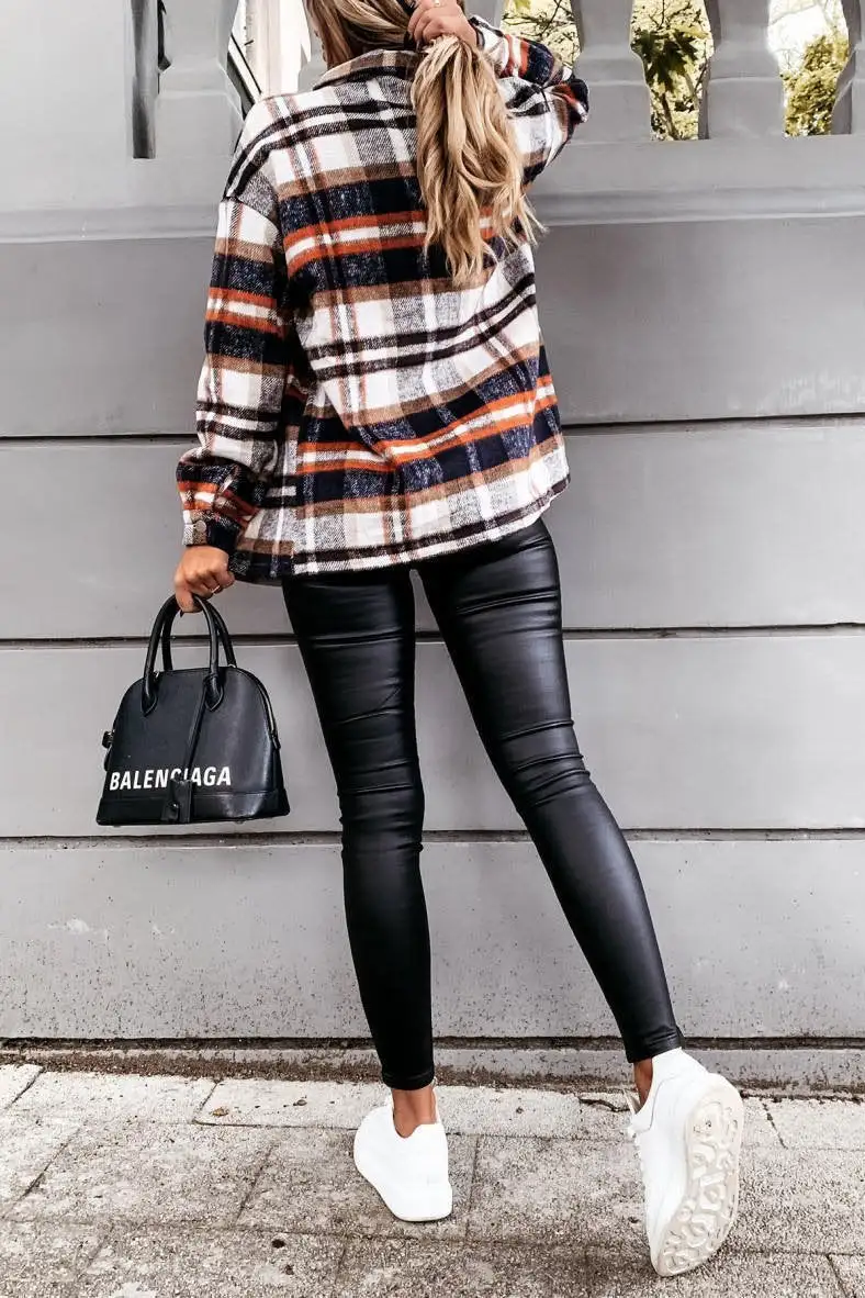 Casual Lapel  Button Plaid Pocket Coat