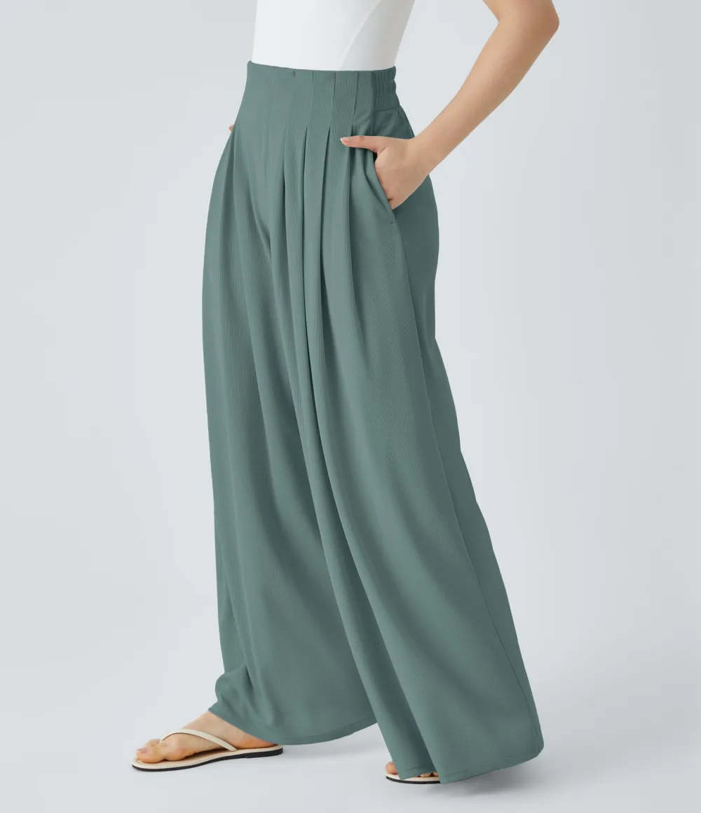 High Waisted Pleated Side Pocket Flowy Wide Leg Palazzo Waffle Casual Pants